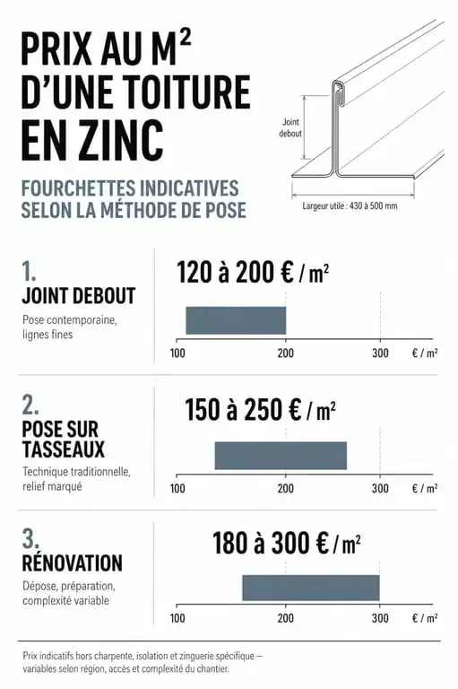 Infographie comparative des prix au m² pour une toiture en zinc et méthodes de pose