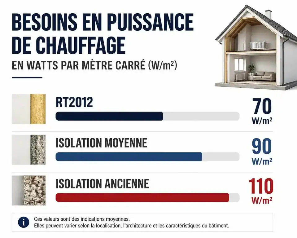 Infographie des besoins en puissance de radiateur par m2 selon l'isolation