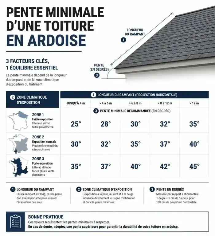 Infographie des pentes minimales pour toiture en ardoise selon le DTU 40.11