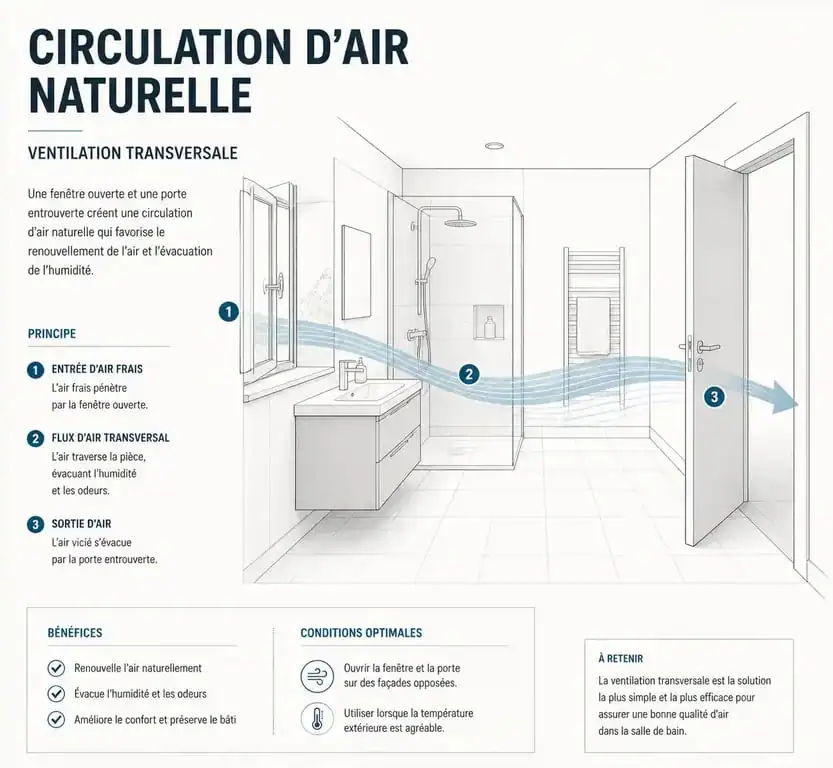 Schéma illustrant comment ventiler une salle de bain sans VMC par circulation d'air naturelle