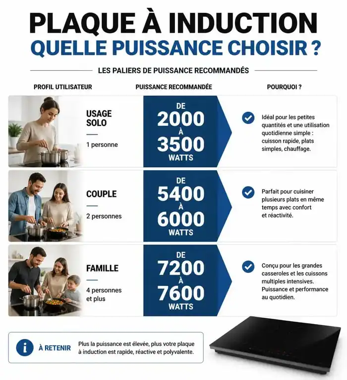 Paliers de puissance recommandés pour plaque à induction selon le profil de l'utilisateur
