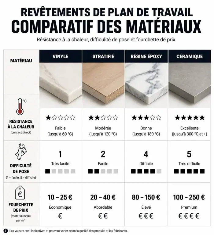 Comparatif des matériaux pour revêtement de plan de travail cuisine : résistance, pose et budget