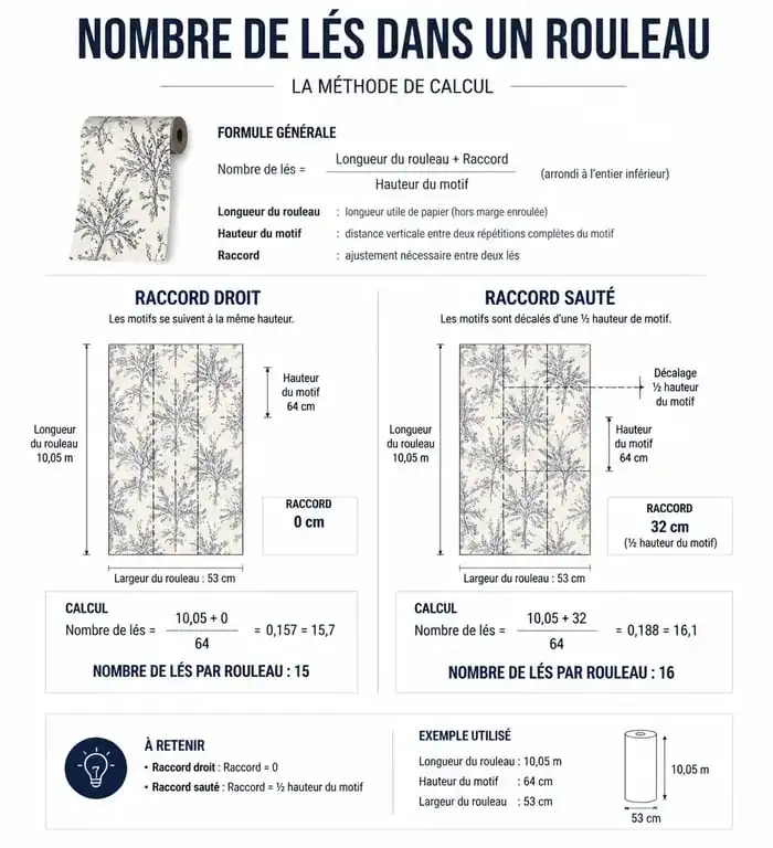 Infographie explicative pour calculer le nombre de lés et de rouleaux de papier peint selon la hauteur et le raccord