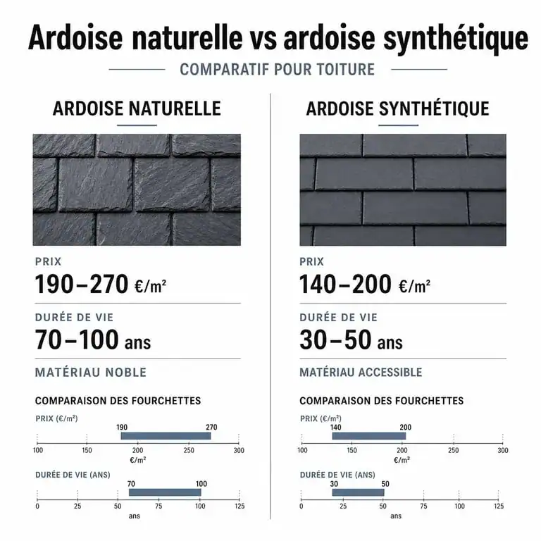 Comparatif des prix et caractéristiques au m2 pour un toit en ardoise naturelle ou synthétique