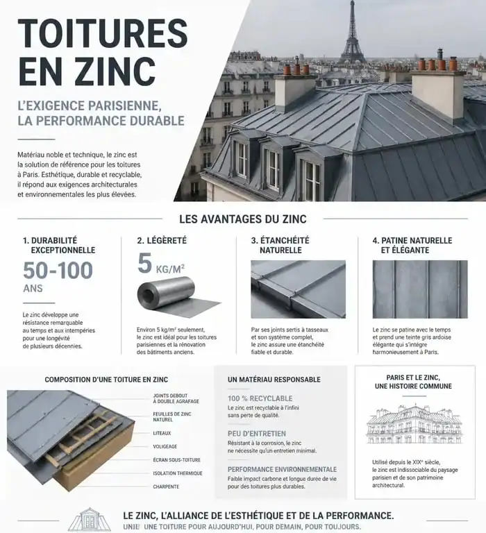 Infographie des avantages techniques d'une toiture zinc à Paris