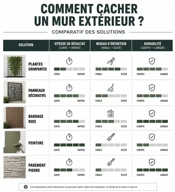 Infographie comparative des solutions pour cacher un mur extérieur : plantes, panneaux, bardage et peinture