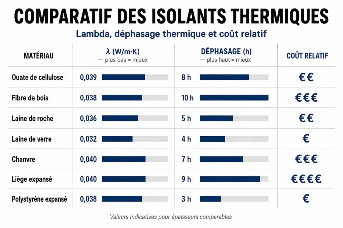 Infographie comparative des isolants thermiques pour choisir le meilleur isolant thermique selon ses besoins.