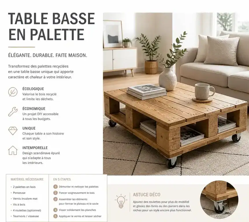 Table basse design fabriquée en bois de palette recyclé pour un intérieur moderne