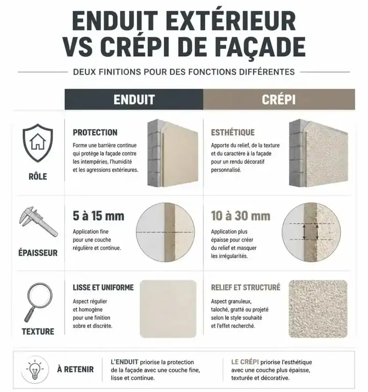 Infographie comparative entre crépi et enduit extérieur pour façade