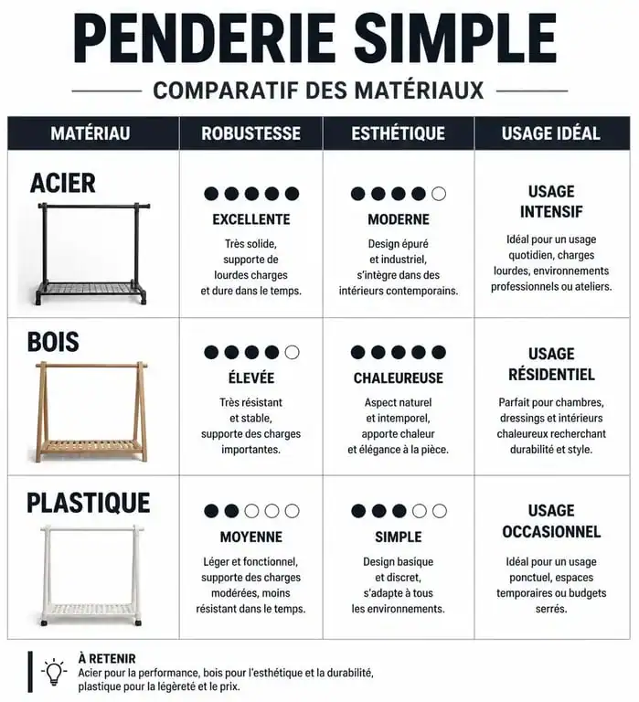 Comparatif des matériaux pour choisir sa penderie simple : acier, bois ou plastique.