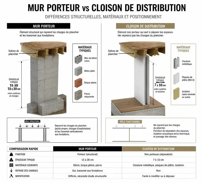 Schéma comparatif pour reconnaitre un mur porteur d'une cloison de distribution