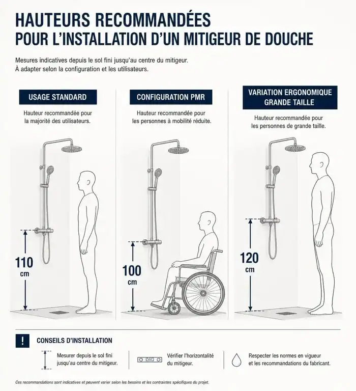 Schéma des hauteurs recommandées pour l'installation d'un mitigeur de douche selon les normes et l'ergonomie