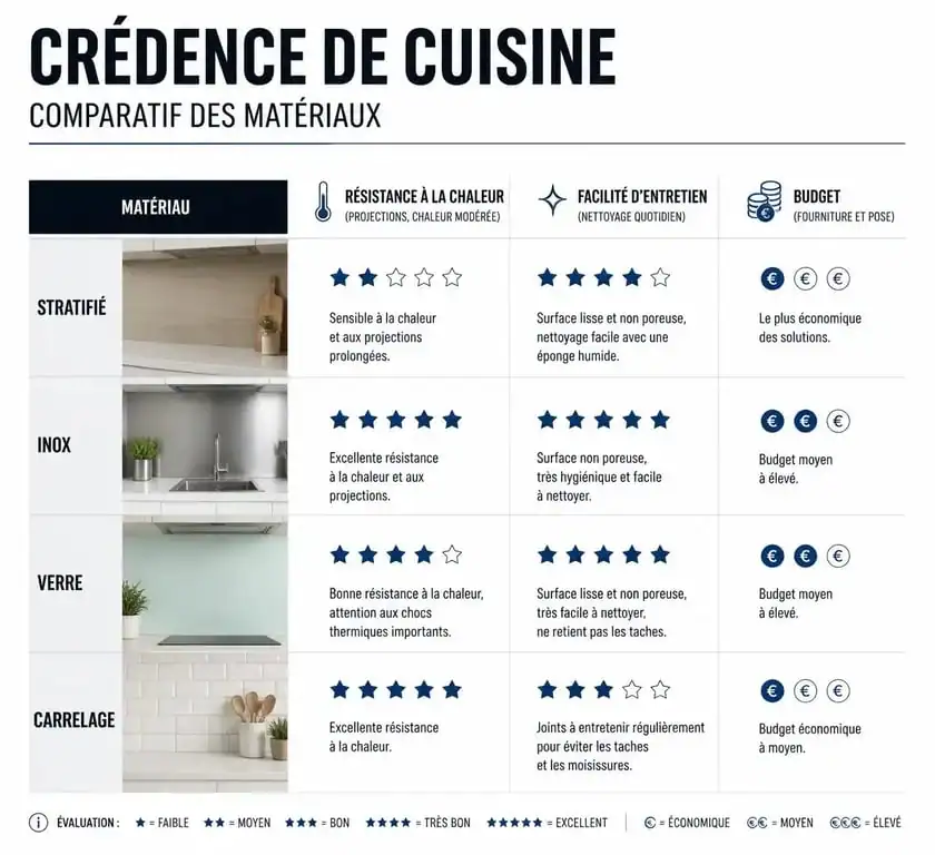 Tableau comparatif des matériaux pour choisir sa crédence de cuisine : stratifié, inox, verre et carrelage.