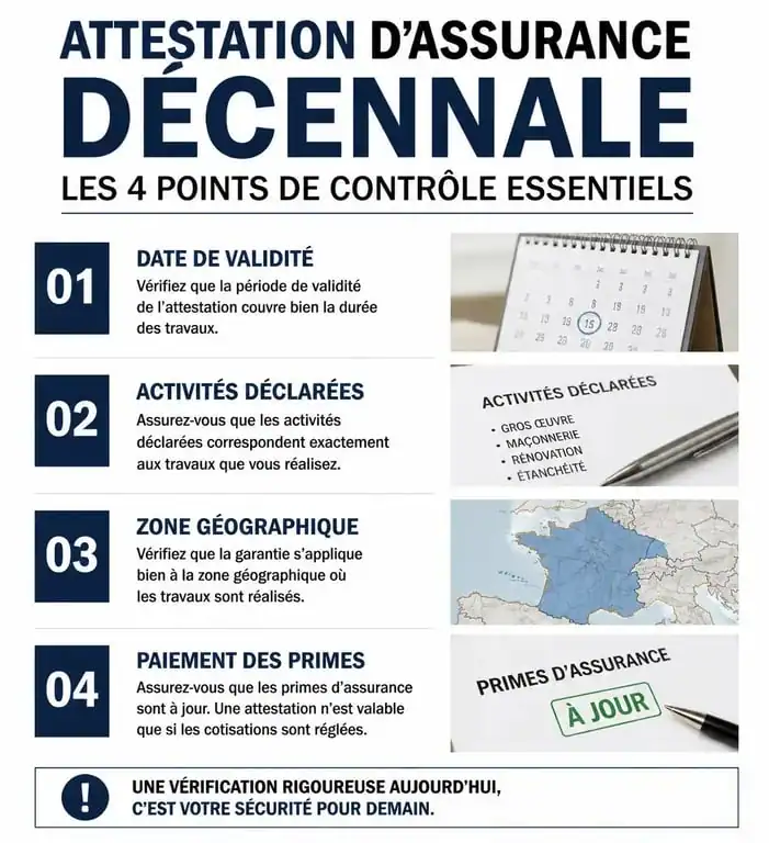 Infographie des points de contrôle pour vérifier une attestation de garantie décennale travauxnow