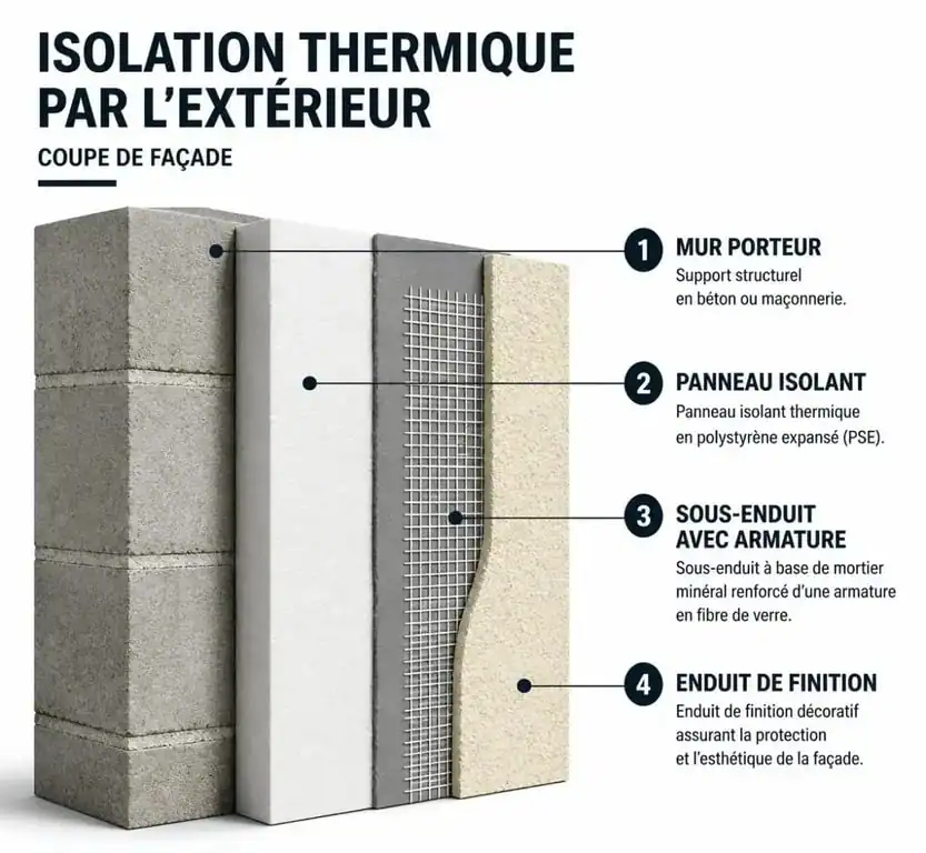 Schéma de la structure d'un crépi isolant pour façade