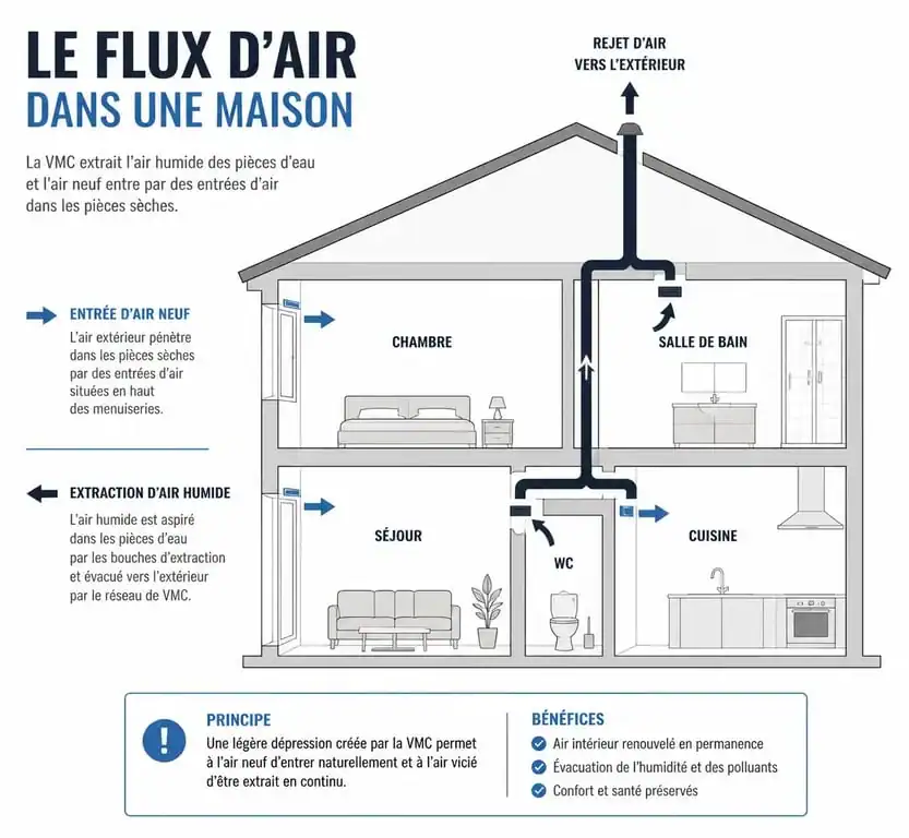 Schéma de fonctionnement d'une VMC dans une salle de bain pour une ventilation efficace.