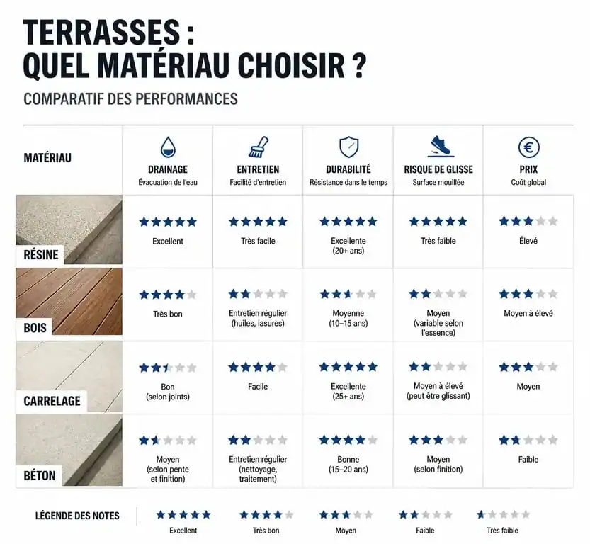 Tableau comparatif des avantages et inconvénients d'une terrasse en résine par rapport au bois, au carrelage et au béton pour aider au choix du revêtement extérieur.