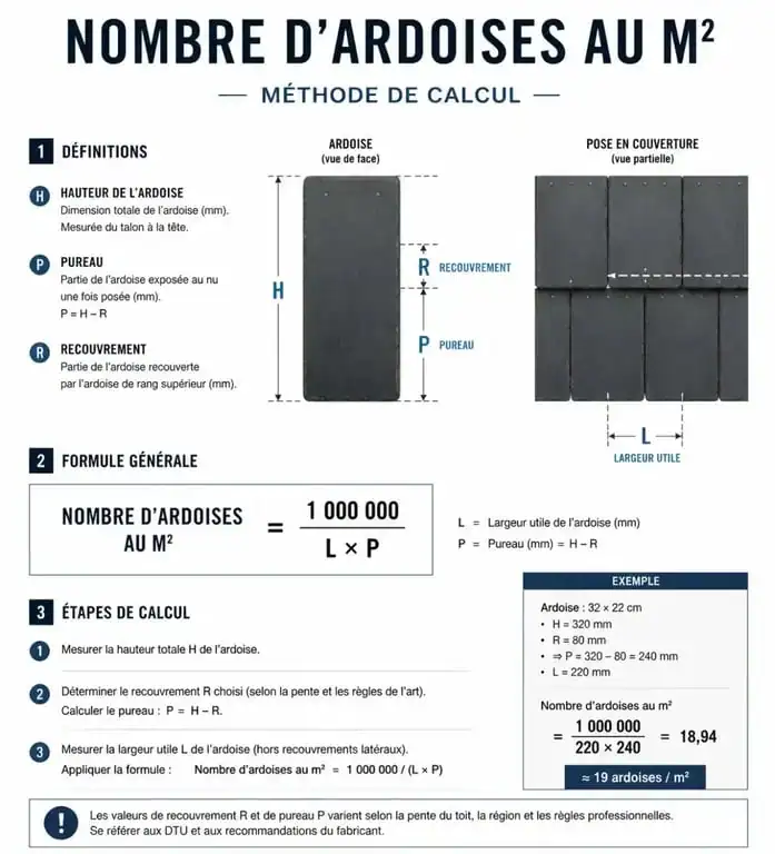 Schéma explicatif pour calculer le nombre d'ardoises au m2 pour une toiture