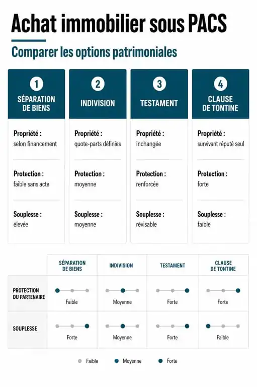 Comparatif des régimes patrimoniaux pour un achat immobilier sous PACS : séparation de biens, indivision et protection du partenaire.