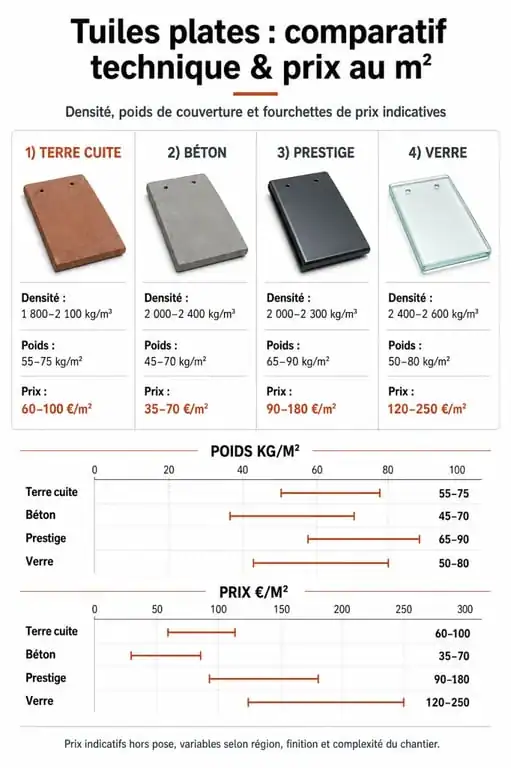 Comparatif des prix au m2 et caractéristiques techniques des tuiles plates pour toiture