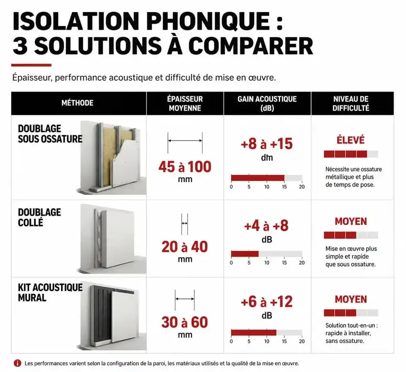 Tableau comparatif des techniques pour isoler phoniquement un mur mitoyen : ossature, doublage collé et kit acoustique