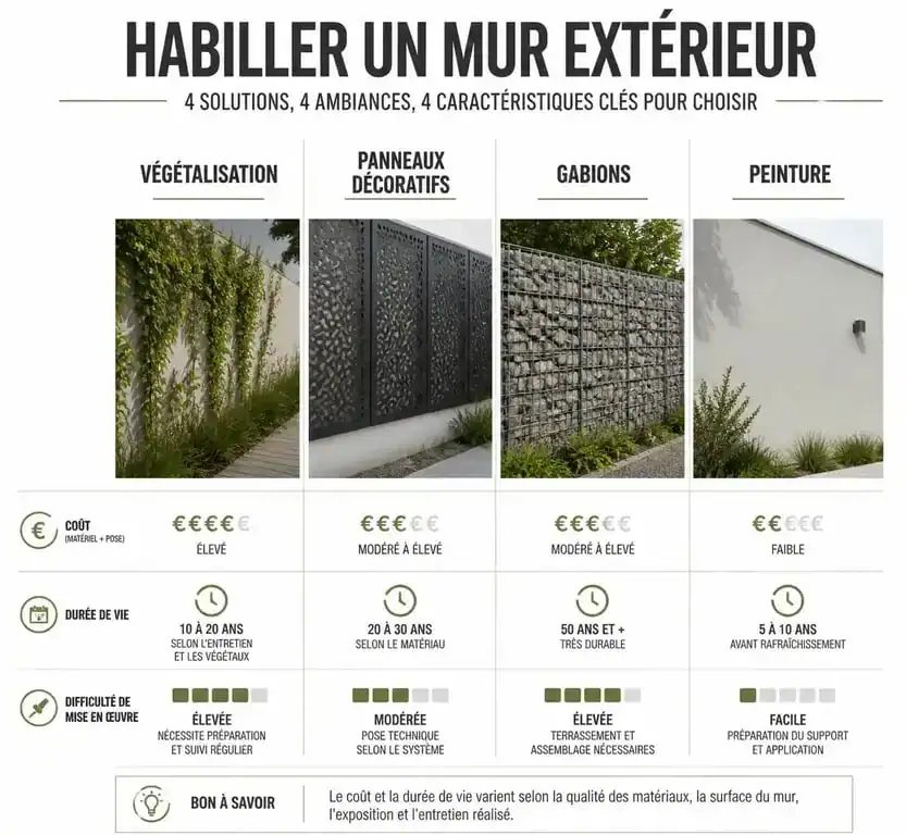 Infographie comparative des solutions pour cacher un mur extérieur : plantes, panneaux, gabions et peinture.