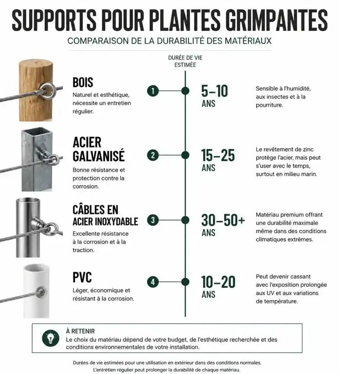 Comparatif des matériaux pour support de plante grimpante : bois, acier, inox et PVC