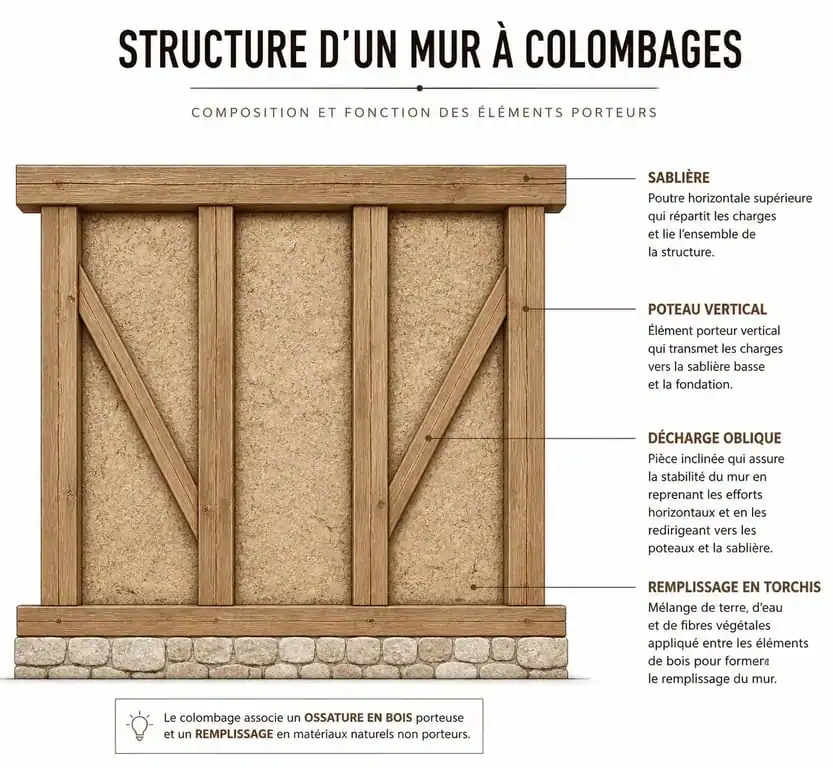 Schéma technique d'une maison à colombages montrant sa structure en pans de bois