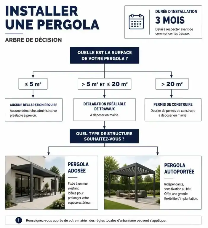 Infographie récapitulative des règles d'urbanisme pour installer une pergola démontable sans autorisation