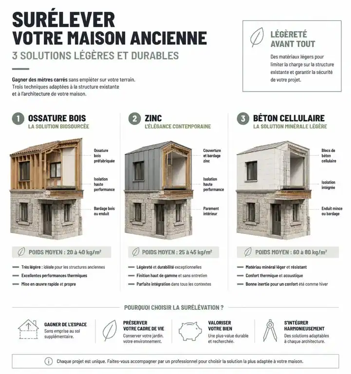 Infographie comparative des solutions techniques pour une surélévation de maison ancienne