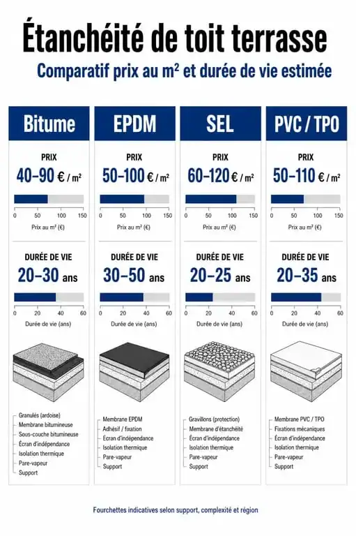 Comparatif des prix au m2 et durée de vie pour l'étanchéité toit terrasse