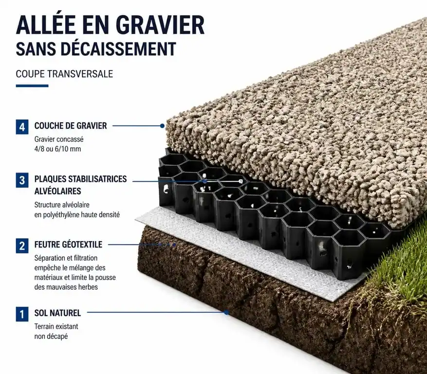 Schéma en coupe d'une allée en gravier posée sans décaissement avec géotextile et stabilisateurs