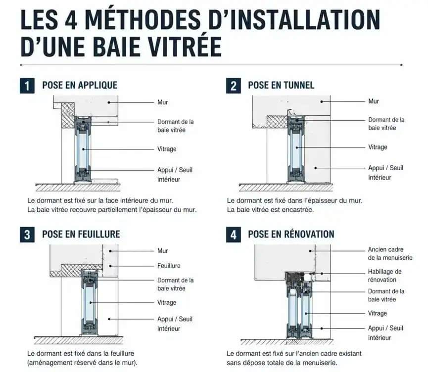 Schéma des différentes méthodes d'installation pour une baie vitrée : applique, tunnel, feuillure et rénovation.