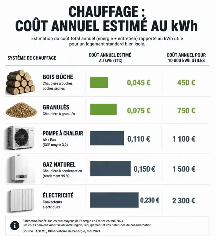 Comparatif des coûts du chauffage au kWh : bois, pompe à chaleur, gaz et électricité