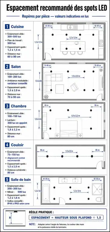 Tableau récapitulatif des distances entre spots plafond et intensité lumineuse par pièce