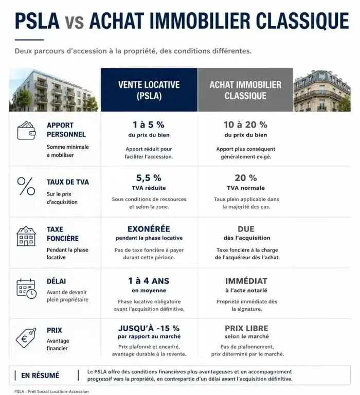 Tableau comparatif des avantages de la vente locative et du PSLA par rapport à un achat immobilier classique pour devenir propriétaire.