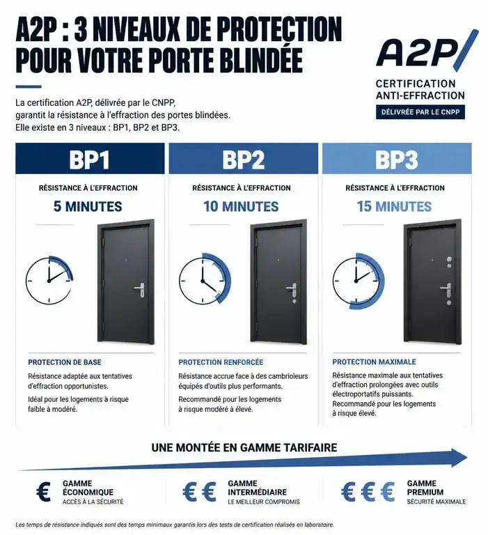 Infographie comparative des niveaux de certification A2P pour le prix d'une porte blindée appartement