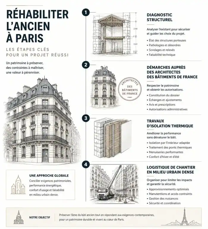 Étapes clés de la réhabilitation de bâtiments anciens à Paris : diagnostic, réglementation ABF, isolation et logistique