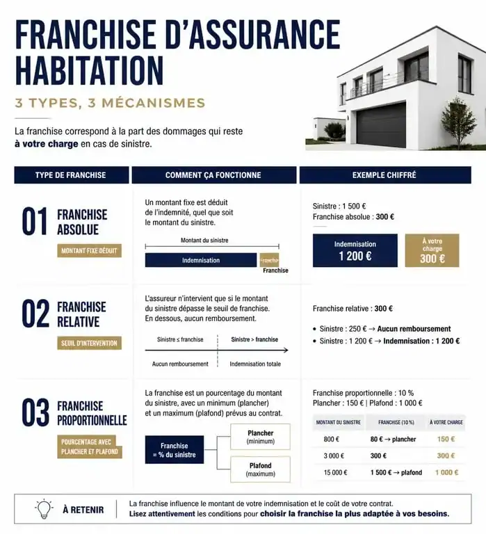 Infographie expliquant les différents types de franchises en assurance habitation : absolue, relative et proportionnelle.
