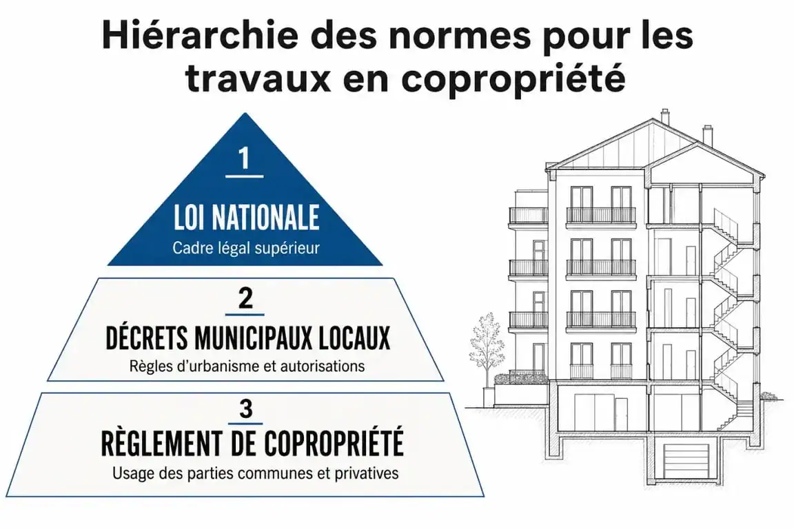 Infographie sur la hiérarchie des règles pour les travaux en copropriété