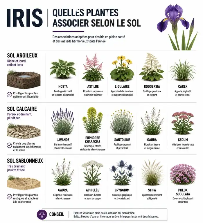 Infographie des plantes compagnes pour iris selon le type de sol