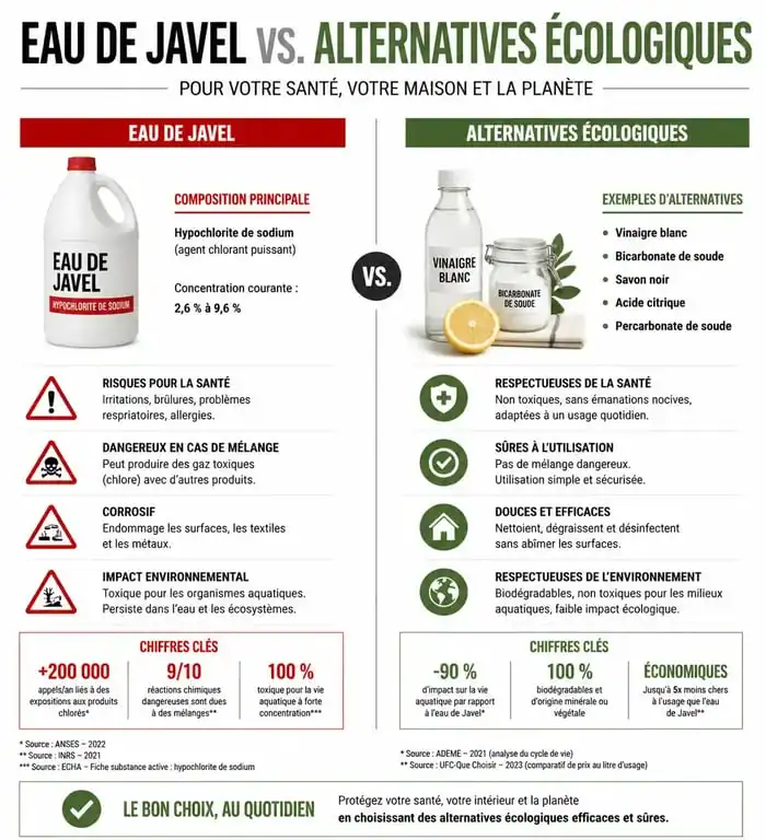 Infographie comparative : nettoyage de terrasse à la javel vs alternatives écologiques