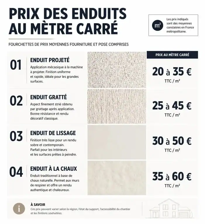 Tableau comparatif des prix de l'enduit au m2 pour façade et intérieur