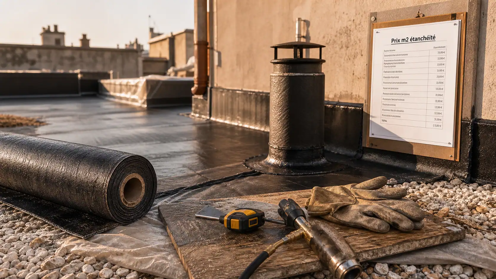 Étanchéité toit terrasse prix au m2 : rouleau de membrane bitume et relevés