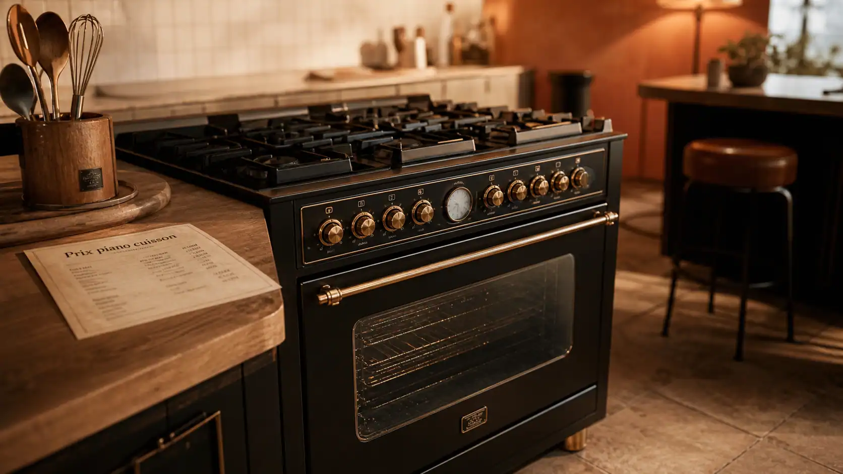 Prix piano cuisine : piano de cuisson noir en cuisine moderne