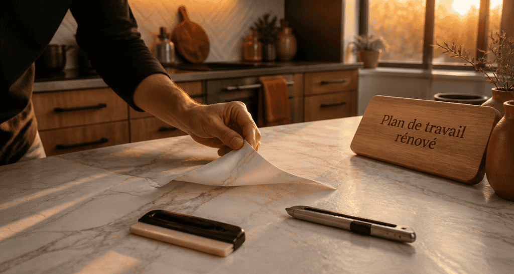 revêtement de plan de travail cuisine marbre posé