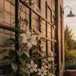 Support plante grimpante : treillis mural en acier noir avec clématite