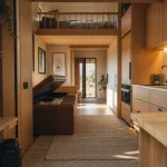 Aménagement tiny house avec rangements intégrés et circulation fluide, intérieur lumineux