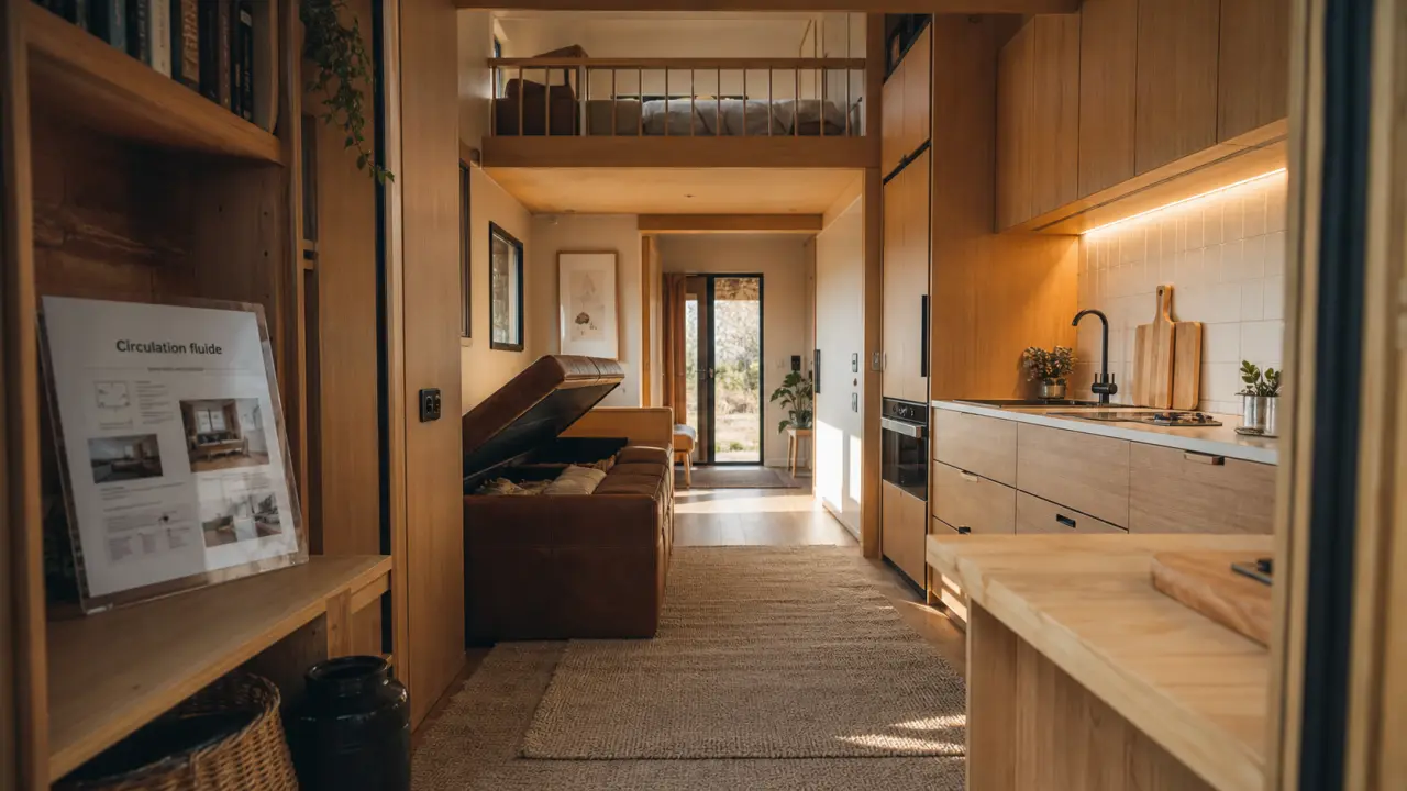 Aménagement tiny house avec rangements intégrés et circulation fluide, intérieur lumineux