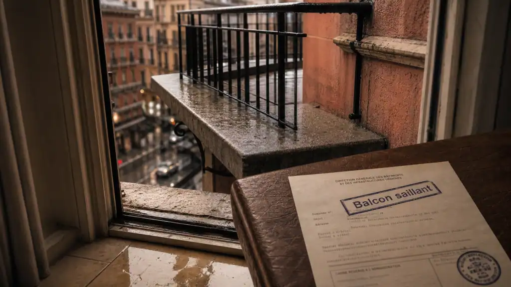 Balcon saillant en porte-à-faux sur façade, vue depuis l’intérieur